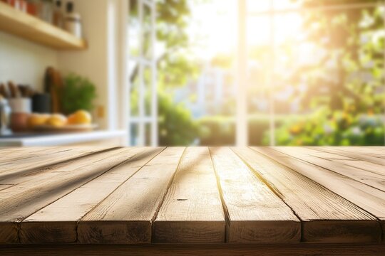 Fototapeta Empty wooden table in front of blurred sunlit kitchen and garden.