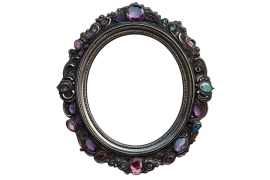 Oval silver frame with embedded gemstones, luxury aesthetic. Isolated on transparent background cut out