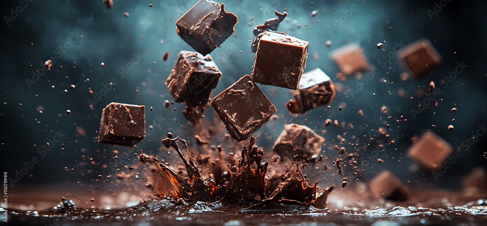 Poster dynamic chocolate cubes splashing into liquid, showcasing deliciousness and texture.