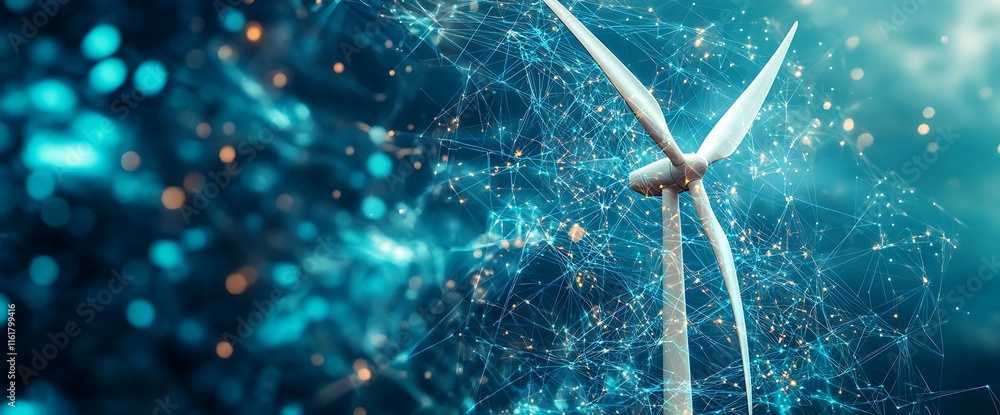 Poster digital wind turbine against a futuristic network background.