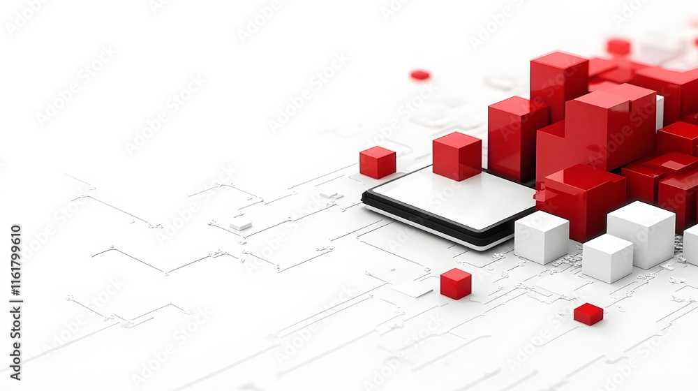 Poster abstract digital design featuring a smartphone surrounded by red and white cubes