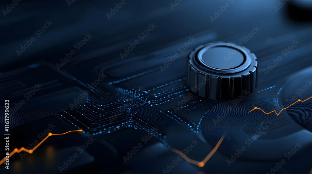 Poster close-up of a control knob on a dark electronic interface with glowing lines