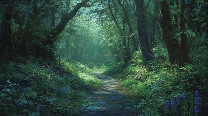 Obraz premium Serene forest path illuminated by soft green light and foliage.