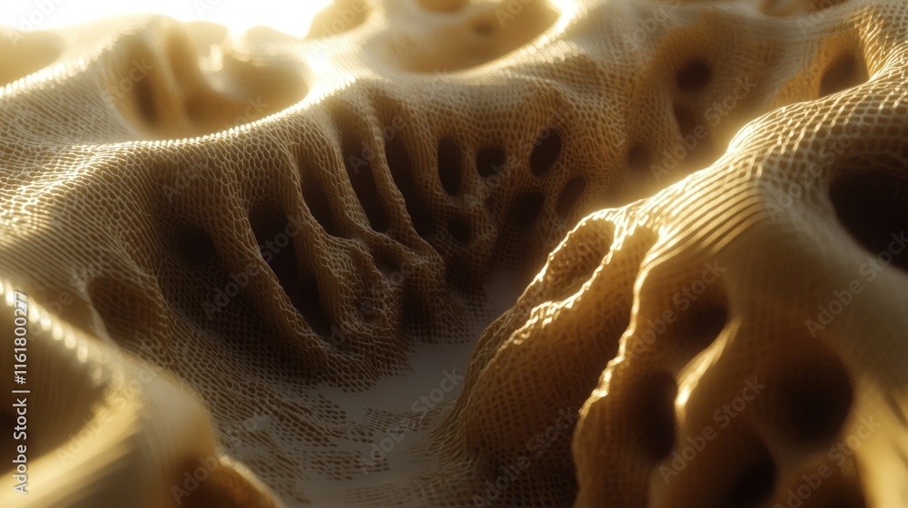 Poster abstract textured gold surface with holes and bumps, illuminated by sunlight.