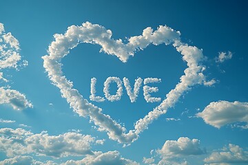 Fototapeta premium Word love in white clouds on blue sky ( a heart-shaped cloud ) love and emotion concept