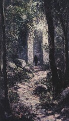 Obraz premium A mysterious path through a dense forest with stone ruins in the background.