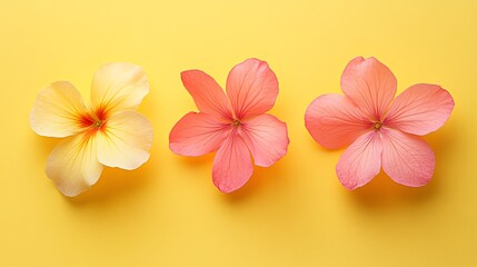 Naklejka premium Three vibrant flowers against a bright yellow background.
