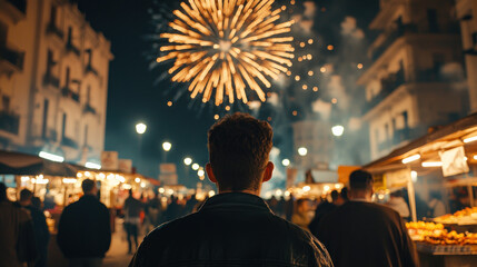 Obraz premium Celebratory fireworks display night market urban festival vibrant atmosphere captivating view joyful experience