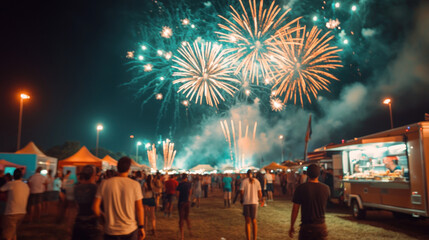 Celebratory fireworks display at night festival outdoor event vibrant atmosphere lively crowd