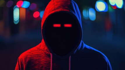Mysterious figure in red hoodie urban nightscape digital art neon lights close-up suspenseful atmosphere