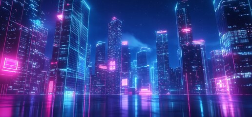 Obraz premium Futuristic cityscape with neon lights and reflective surfaces at night.