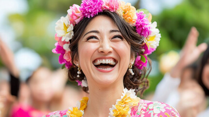 Obraz premium Joyful celebration of hawaiian culture beachside festival image of a smiling woman tropical environment vibrant colors