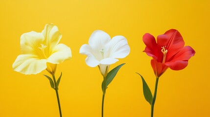 Obraz premium Vibrant flowers in yellow, white, and red against a bright background.