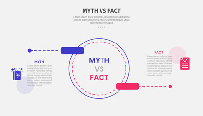 myth vs facts infographic outline style with 2 point comparison template with big circle and round rectangle pointer up and down for slide presentation