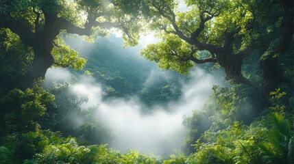 Fototapeta premium Misty jungle scene with sunbeams through trees.