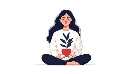 Illustrated person meditating with heart and leaves on shirt, symbolizing peace and balance.