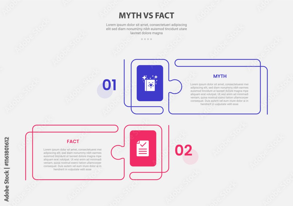 Aufkleber myth vs facts infographic outline style with 2 point comparison template with creative rectangle box