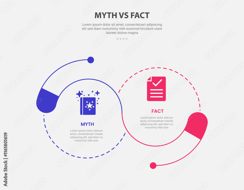 Aufkleber myth vs facts infographic outline style with 2 point comparison template with big circle combination