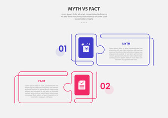 myth vs facts infographic outline style with 2 point comparison template with creative rectangle box with puzzle jigsaw style for slide presentation