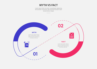 myth vs facts infographic outline style with 2 point comparison template with big circle and slice connection line for slide presentation
