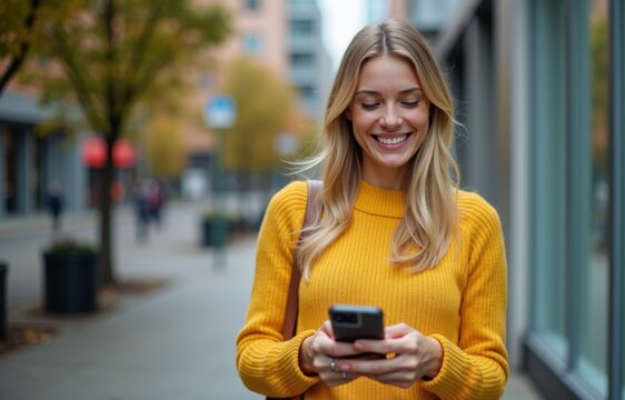 Young Woman Smiling While Using Smartphone Outdoors in the City