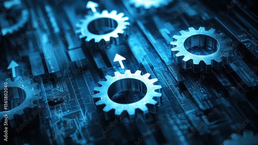 Poster a digital graphic of gears interlocking, with arrows pointing upward, representing progress.