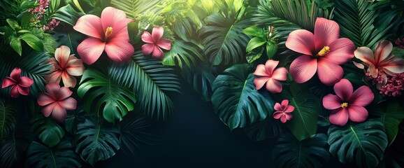 Lush Tropical Paradise Vibrant Hibiscus and Monstera Leaves Banner