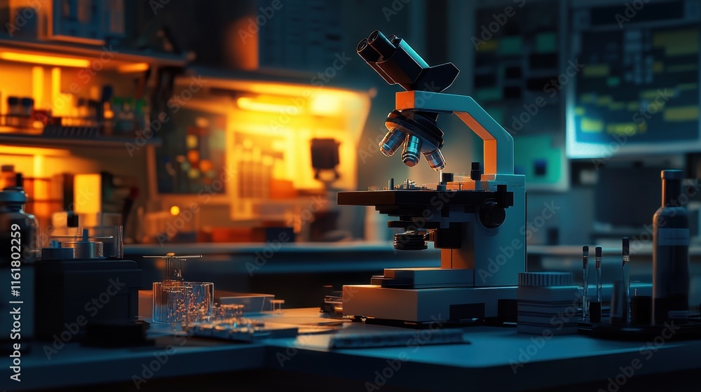 Poster advanced scientific setup with a microscope examining tiny particles under intense lighting.