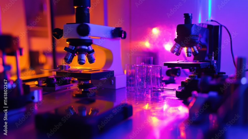 Poster advanced scientific setup with a microscope examining tiny particles under intense lighting.