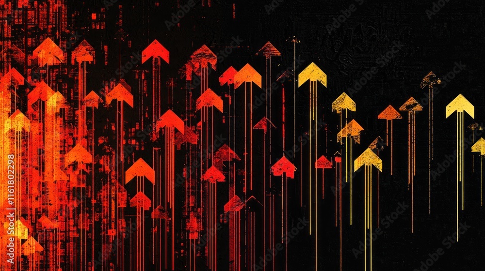 Poster a digital representation of a business graph with arrows rising, indicating progress.