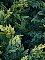 Artwork showcasing green and vibrant leafy foliage. Lush jungle leaves background, natural-themed design.