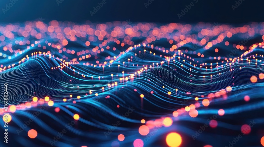 Poster a futuristic digital landscape filled with data streams and glowing networks.