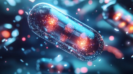 Advanced visualization of biotechnology: nanoscale materials such as polymeric capsules and spheres glowing brightly.