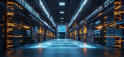 Futuristic warehouse with illuminated shelves and digital displays.
