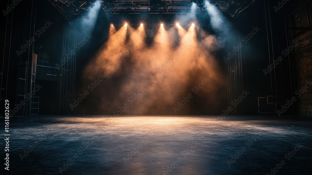 Poster an empty stage bathed in the glow of a single spotlight, creating a dramatic and moody atmosphere.
