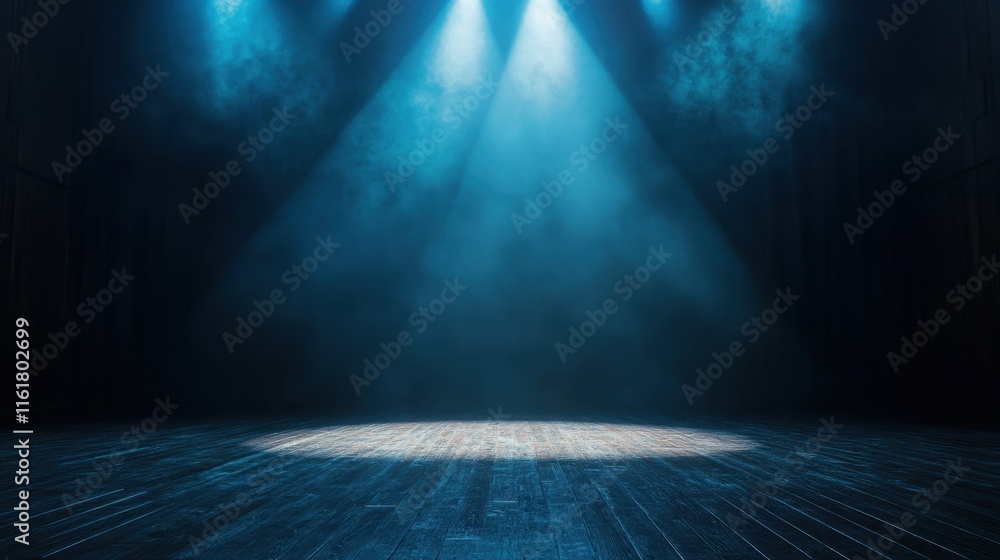Poster an empty stage bathed in the glow of a single spotlight, creating a dramatic and moody atmosphere.