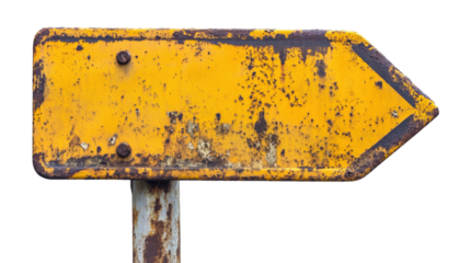 Old yellow metal arrow sign, transparent background