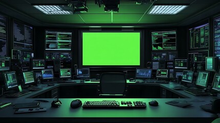 Dark control room with green screen monitor and many computers.