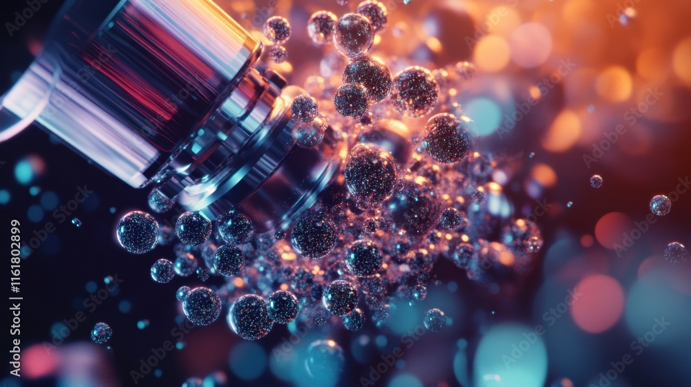 Poster close-up of a microscope analyzing nanoscale particles, representing innovation in advanced science.