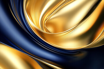 Fototapeta premium The image features an abstract, fluid design with dynamic swirls of gold and dark blue