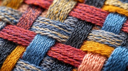 Close-up of a textile weave, showing detailed interlocking fibers and patterns in vibrant colors.