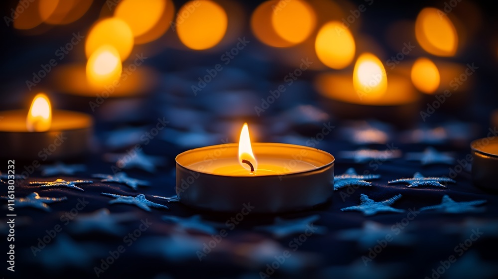 Poster illuminated candles on a star-patterned background create a serene ambiance.