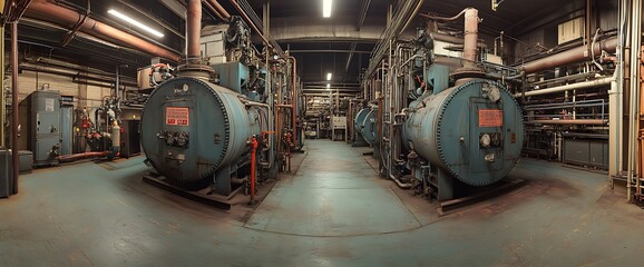 Industrial boiler room with large machinery and pipes for heating systems.