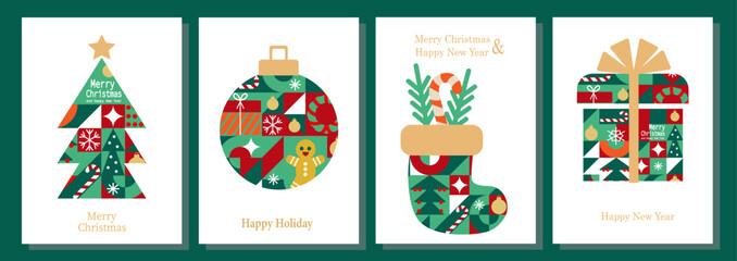 Merry Christmas and Happy New Year abstract geometric banner. Set of cards in simple minimalist style.