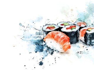 Watercolor Sushi Salmon Nigiri and Maki Rolls on White Background