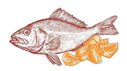 Hand-Drawn Illustration of Red Snapper Fish with Orange Slices