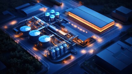 High-tech desalination plant concept with illuminated nano-filtration tanks and modern industrial design.