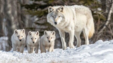 Obraz premium Arctic wolf mother with three pups walking in snowy landscape.