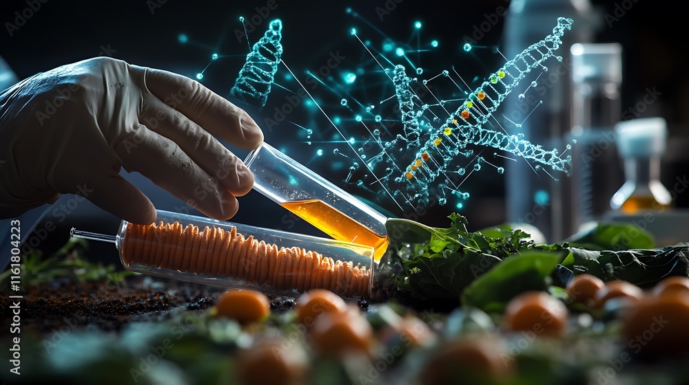 Poster laboratory scene with dna visualization and plant-based experimentation.