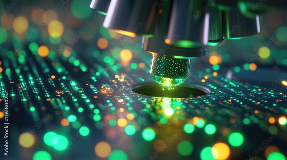 Poster scientific research visualization: microscope lens observing microscopic particles with glowing data